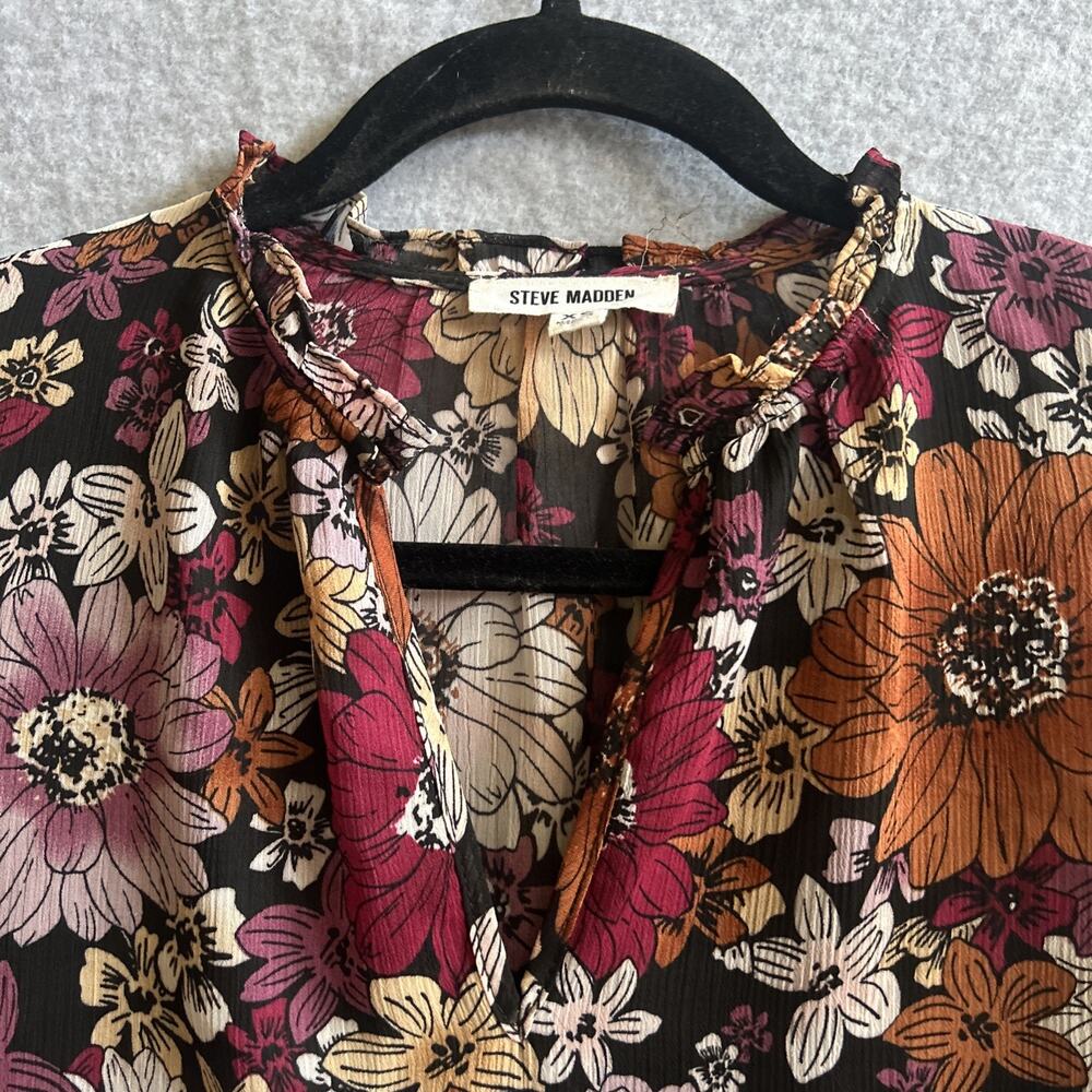 Steve Madden Fall Floral Ruffled Blouse Sheer Lined Smocked Cuffs Longsleeve XS - Picture 5 of 7